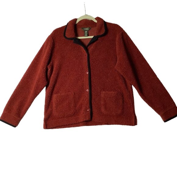L.L.Bean Regular Fit Sherpa Fleece Jacket Women Size Medium Red Black Trim - Picture 1 of 7